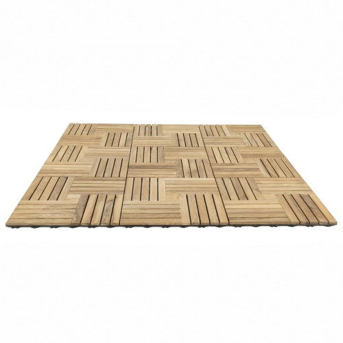 18412P Parquet Teak Tiles showing 9 tiles assembled in angled view on white background