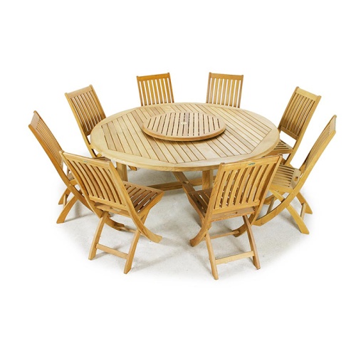 70018 Buckingham Barbuda 9 pc Dining Set of Buckingham 72 inch Round Dining Table and optional Teak Lazy Susan in center and 8 Barbuda Teak Folding Chairs angled on a white background