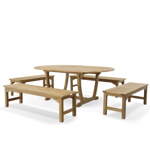 70078 Martinique Teak Picnic Set of Martinique Extending Oval Dining Table and 2 Backless 4 foot long Benches and 2 Backless 5 foot long Benches on white background