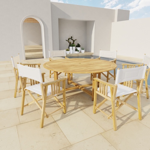 70081 Buckingham 7 pc Director Set of 6 Buckingham Director Chairs around a Round 72 inch Teak Table on a stone terrace in angled  view next to a pool with cactus plants in a arched niche and home in background