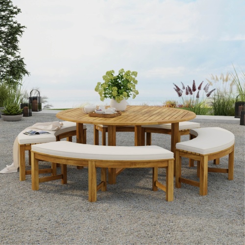 70090 Buckingham Picnic Dining Set with optional seat cushions on outdoor patio with flower vase and tray of coffee and cups with landscape plants and trees in background