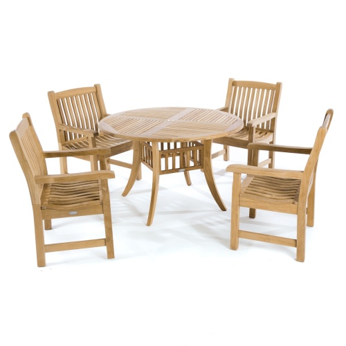 70159 Hyatt Veranda 5 piece teak Dining Set of 4 armchairs and round 48 inch diameter table angled aerial view on white background 