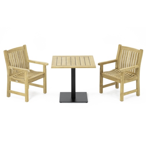 70195 Veranda 3 pc Teak Bistro Set of Vogue Teak 32 Inch Square Table and 2 Veranda Dining Armchairs angled on white background