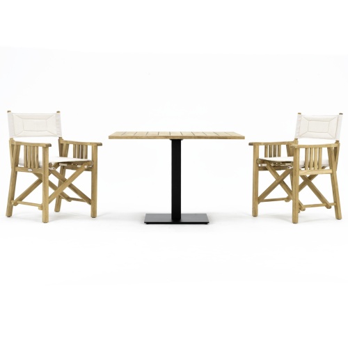 70199 Barbuda 3 pc Teak Bistro Director Set of Teak 42 inch Square Table and 2 Barbuda Director Chairs in white textilene side view on white background 