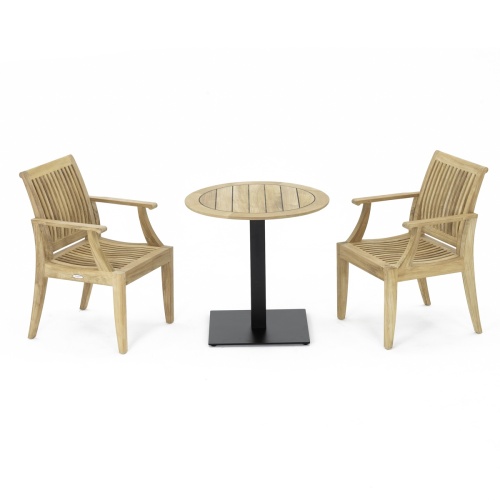 70223 Laguna 3 pc Teak Bistro Set of  Vogue 30 inch Round Teak Table and 2 Laguna Dining Arm Chairs side angled view on white background