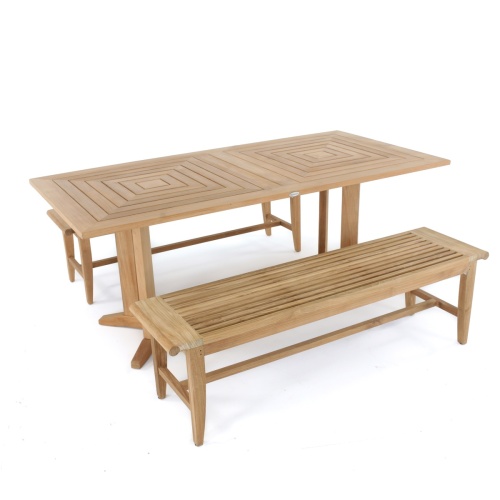 70427 Pyramid Laguna Teak Picnic Table Set of Pyramid Teak Rectangular Dining Table and 2 Laguna Teak 6 ft Benches angled aerial view on white background