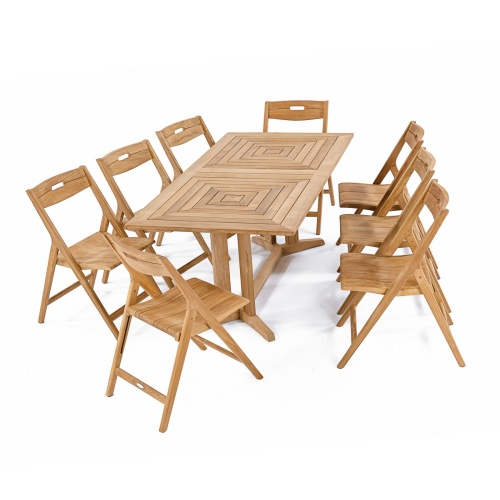 70464 Surf Pyramid Teak Dining Set for 8 of Pyramid Teak Dining Table and 8 Surf Dining Chairs in end angled view on white background