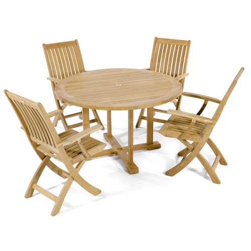 70536 Barbuda 5 piece Dining Set of Barbuda Teak 48 inch round dining table and 4 Barbuda folding armchairs aerial angled view on a white background