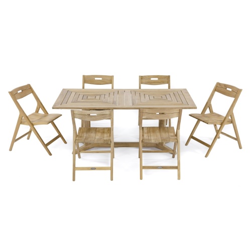 70538 Pyramid Surf teak 7 piece Dining Set of 6 folding side chairs and 72 inch rectangular dining table angled side view on white background