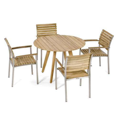 70548 Vogue Surf  5 pc Dining Set of 4 Vogue Teak and Stainless Steel Dining Armchairs around a Surf 42 inch Round Teak Table angled on white background