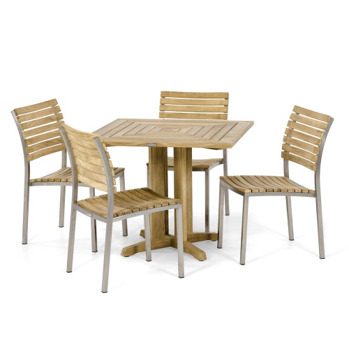 70574 Vogue Pyramid 5 pc Cafe Set of Pyramid Teak 36 inch Dining Table and 4 Vogue Teak and Stainless Steel Side Chairs angled on white background 