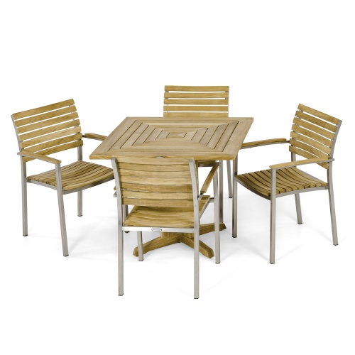 70575 Vogue Pyramid 5 pc Dining Set of 4 Vogue Teak and Stainless Steel Dining Armchairs around a Teak 36 inch Square Table angled on white background 