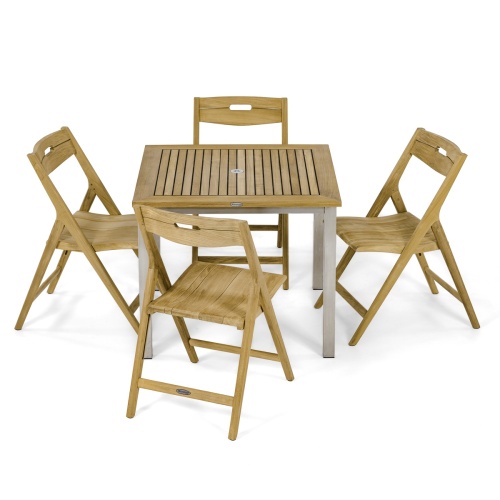 70589 Vogue Surf 5 pc Teak Cafe Set of a Vogue Teak and Stainless Steel 36 inch Square Table and 4 Surf Teak Folding Chairs angled top view on a white background 