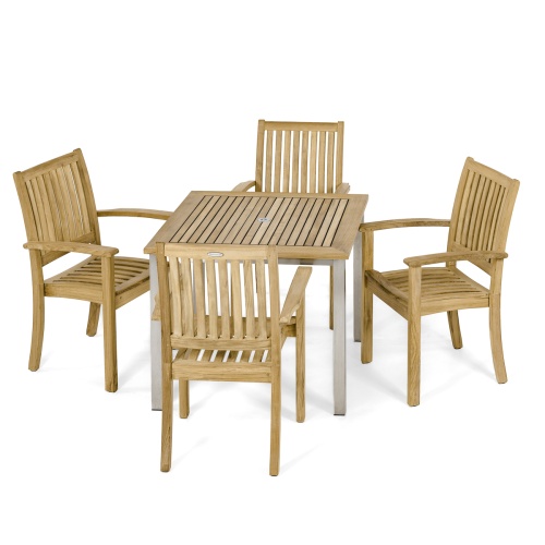 70590 Vogue Sussex 5 pc Dining Set of Vogue Teak and Stainless Steel 36 inch Square Table and 4 Sussex Dining Chairs angled on white background