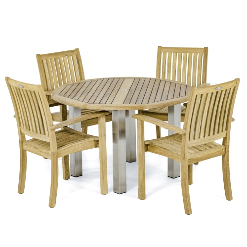 70624 Vogue Sussex Dining Set of the Vogue 48 inch Round Dining Table and 4 Sussex Stacking Chairs side angled on white background