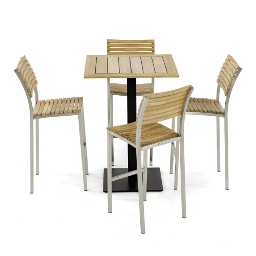 70687 Vogue 5 pc Bar Furniture Set of a Teak 30 inch Square Table Top on black base and 4 Vogue Teak and Stainless Steel Barstools aerial side view on white background