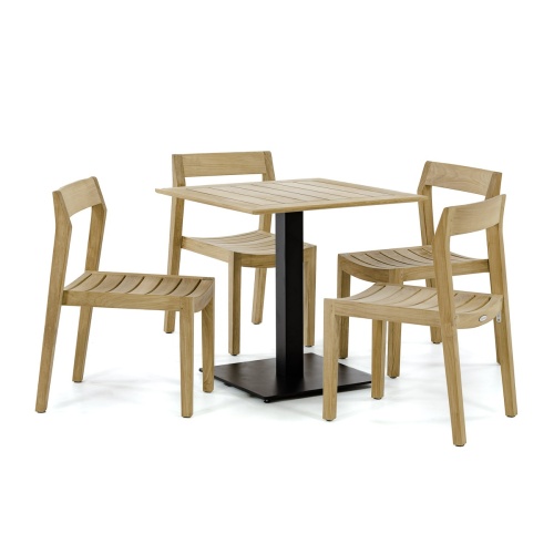 70695 Vogue Horizon 5 piece Cafe Set of 4 teak chairs and a 30 inch square teak and steel table side view on white background