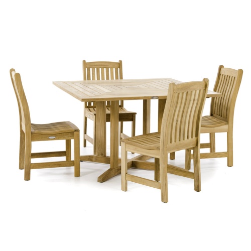 70709 Veranda Pyramid 5 piece Bistro Dining Set of 4 teak side chairs and teak 48 inch square dining table side view on white background