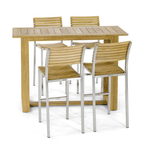 70714 Horizon Vogue Teak High Top Dining Set of 4 Vogue Teak and Stainless Steel Bar Stool around a Rectangular Teak Bar Table side view on white background