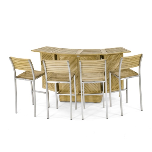 70717 Somerset Vogue Bar Set opened front view with 4 teak and stainless steel bar stools angled on white background