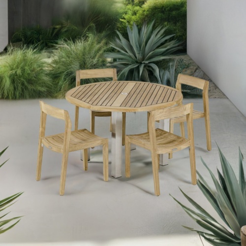 70738 Vogue Horizon 5 piece teak and stainless steel 5 piece Dining Set of 4 teak chairs and a teak and stainless steel 48 inch round dining table aerial view on patio surrounded by plants