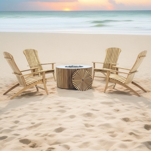 70781 Adirondack 5 piece Fire Pit Set around our 14100  Agora Round Fire Table in angled aerial view on sandy beach with ocean and sunset in background