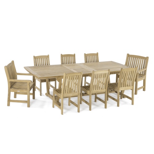 70792 Veranda 9 pc teak Dining Set of a rectangular dining table and 2 Dining Armchairs and 6 Side Chairs side angled view on white background