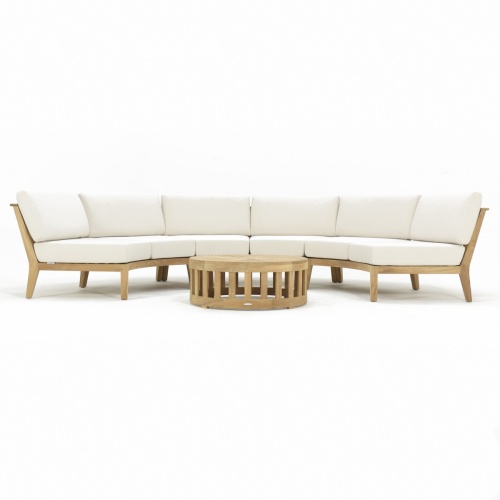 70869 Kafelonia 4 pc Round Sofa Set of 3 Kafelonia Sofa Sectional Benches and 36 inch round Teak Coffee Table front view on a white background