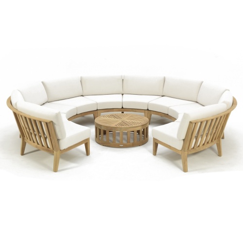 70870 Kafelonia Lounge Sofa 6 pc Set of 5 Kafelonia Sofa Sectional Benches and Kafelonia Teak Coffee Table front angled view on white background 