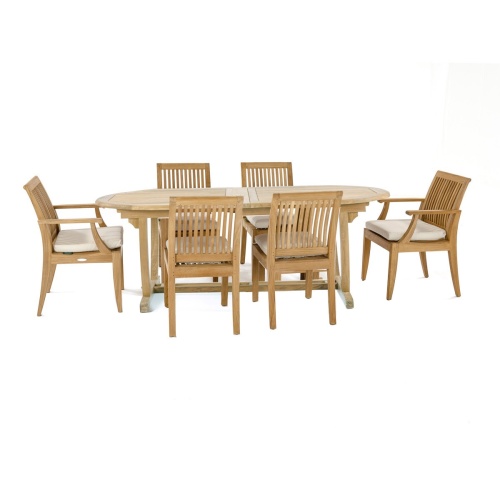 70927 Montserrat Laguna 7 pc Dining Set of Teak Montserrat Dining Table and 6 Laguna Dining Chairs side view on a white background