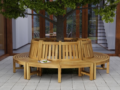 13691ST Buckingham Teak Tree Hugger Bench on patio around a tree with house in background