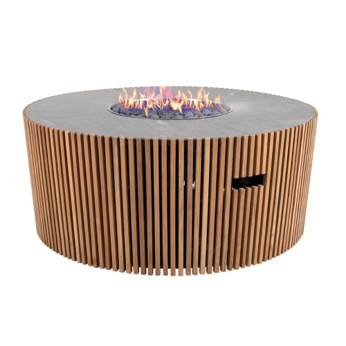 14100  Agora round Fire Table  angled view showing slatted teak exterior and slate ceramic top with a lit fire bowl in center on white background