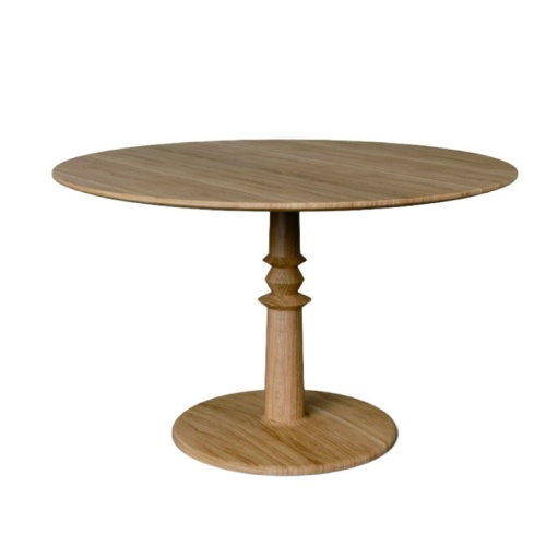 15100B Dahlia Teak Table Base with Teak 48 inch Round Table Top angled top view on white background