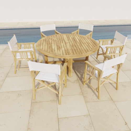 70081 Buckingham 7 pc Director Set of 6 Buckingham Director Chairs around a Round 72 inch Teak Table on a stone patio in angled top view with pool in background