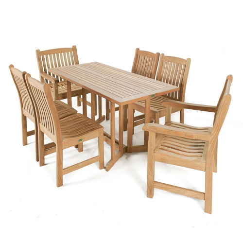 70165 Nevis Veranda 7pc Teak Dining Set of the Nevis Teak 60 inch Rectangular Folding Table and 2 Veranda Dining Arm Chairs and 4 Veranda Side Chairs on a white background