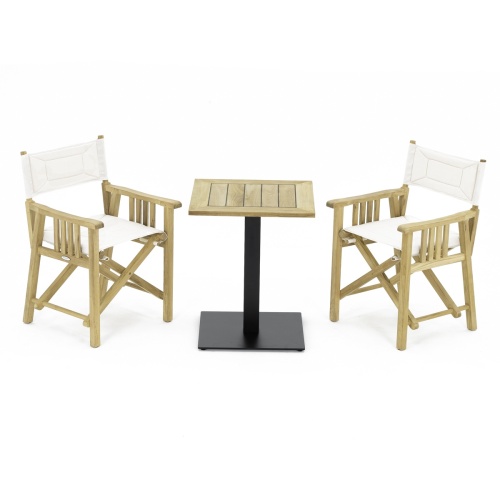 70191 Barbuda 3 pc Teak Bistro Set of Vogue Teak 24 Inch Square Table and 2 Barbuda Director Chairs side angled view on white background