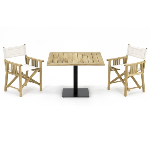 70199 Barbuda 3 pc Teak Bistro Director Set of Teak 42 inch Square Table and 2 Barbuda Director Chairs in white textilene in angled side view on white background 