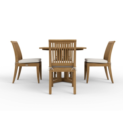 70292 Pyramid Laguna 5 piece teak Dining Set with optional seat cushions and Pyramid teak table and 4 teak Laguna Side Chairs in side view on white background