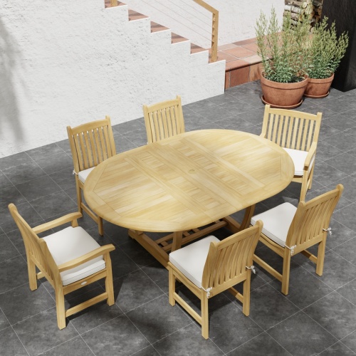 70369 Martinique Veranda Teak 7 pc Dining Set of Martinique Oval Table and 2 Veranda Arm Chairs and 4 Veranda Side Chairs angled aerial view on patio with stairs in background