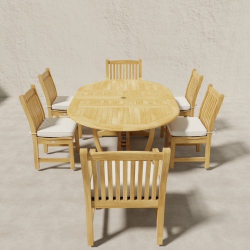 70379 Oval Veranda Chair Dining Set of Martinique Teak Oval Table and 2 Veranda Dining Arm Chairs and 4 Veranda Side Chairs with optional seat cushions aerial end view 