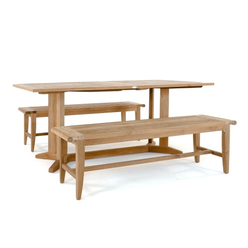 70427 Pyramid Laguna Teak Picnic Table Set of Pyramid Teak Rectangular Dining Table and 2 Laguna Teak 6 ft Benches angled side view on white background