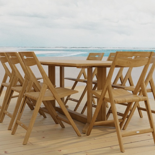 70464 Surf Pyramid Teak Dining Set for 8 angled side view on outdoor terrace with the ocean and sky in the background 