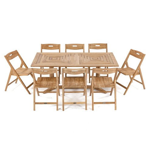 70464 Surf Pyramid Teak Dining Set for 8 of Pyramid Teak Dining Table and 8 Surf Dining Chairs in side angled view on white background