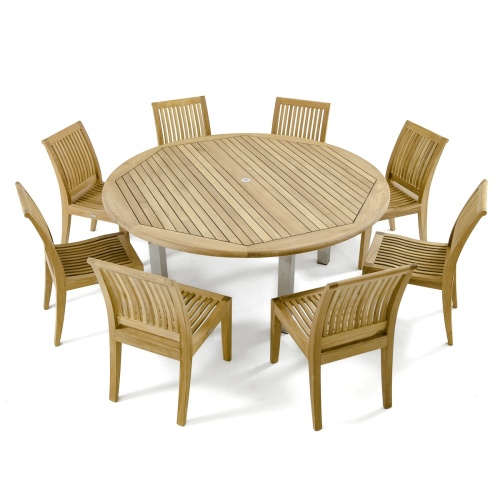 70488 Vogue Laguna Dining Set of 8 teak side chairs and a teak 72 inch round dining table angled aerial view on white background