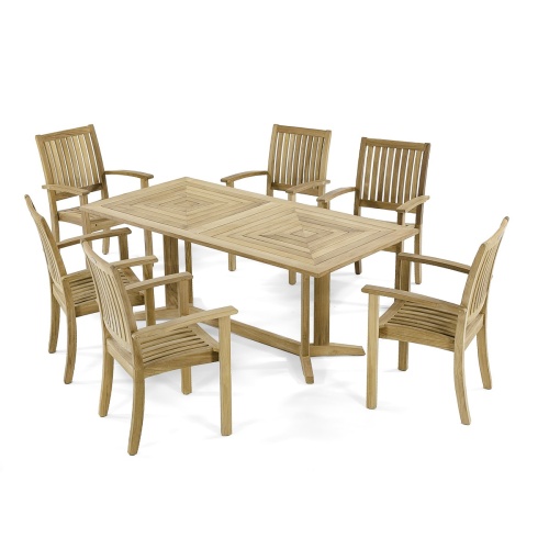 70517 Sussex Pyramid teak 7 pc Dining Set of Pyramid Rectangular Table and 6 Sussex Stacking Chairs angled aerial view on white background  