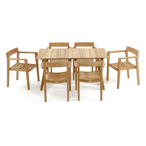 70524 Surf Horizon teak 7 pc rectangular Dining Set of Surf Teak Rectangular Table and 6 Horizon Dining Chairs angled side view on white background