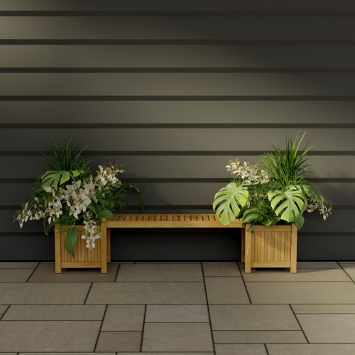 70530 Single Planter Bench Set of 2 planters filled with plants and 1 seat panel front view on stone patio with a house wall in background