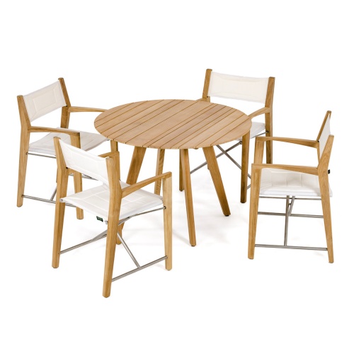 70543 Odyssey Surf teak 5 pc Dining Set of 4 Odyssey Folding Chairs and a Surf 30 inch Square Table with a white background