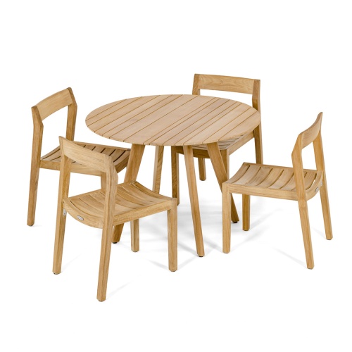 70546 Horizon Surf 5 pc Dining Set of Surf Teak 42 inch Round Dining Table and 4 Horizon Teak Chairs angled on white background