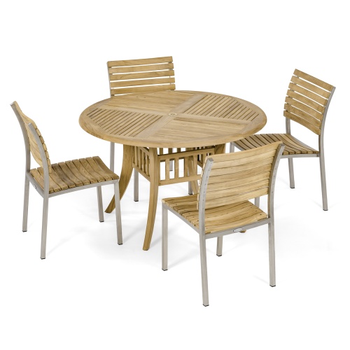 70580 Grand Hyatt Vogue 5 pc Dining Set of Grand Hyatt 48 inch Round Teak Table and 4 Vogue Teak and Stainless Steel Dining Side Chairs on white background